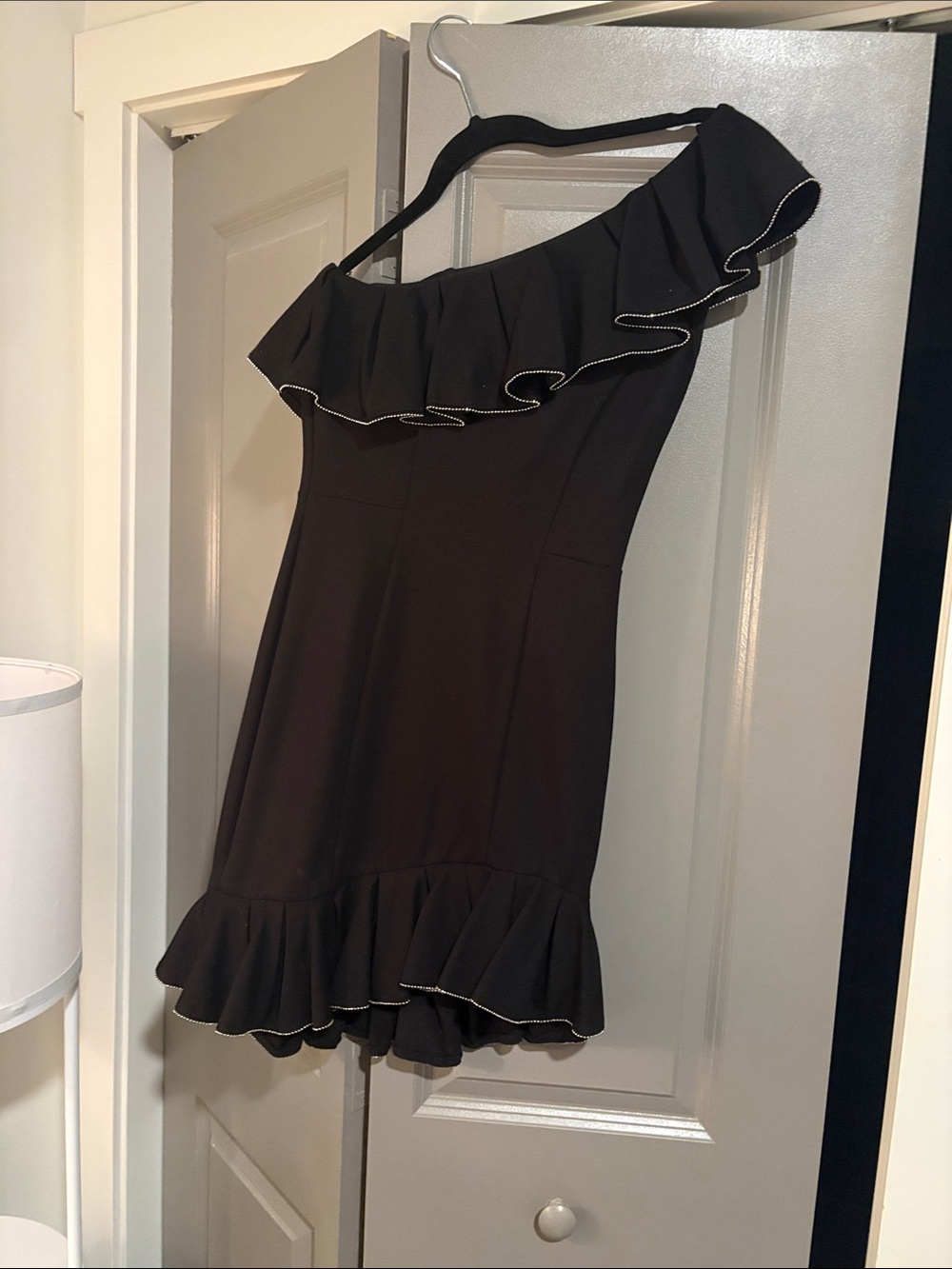 bebe Black One-Shoulder Ruffle Mini Dress